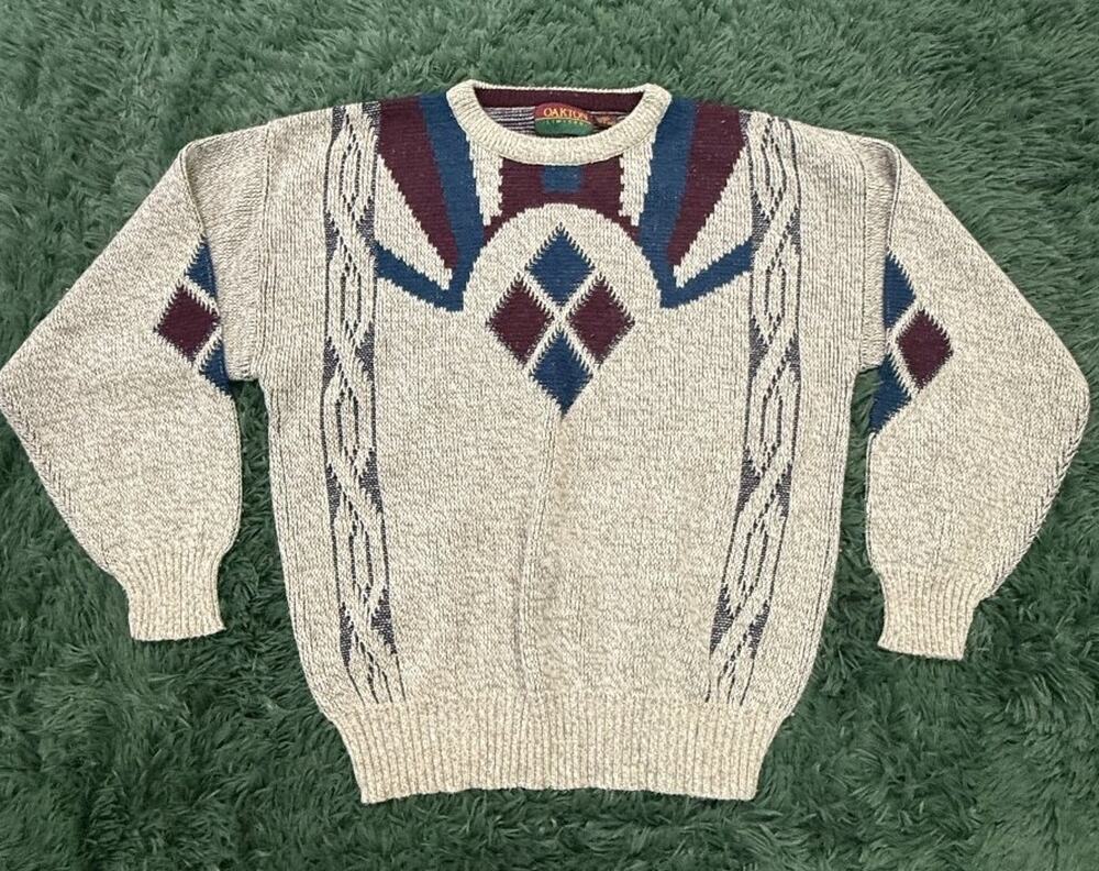 Vintage OAKTON LIMITED Men's L 100% Acrylic Argyle Cable Knit Crew Neck Sweater